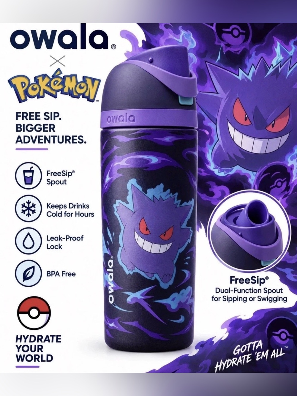 Pokémon x Owala Stainless Steel 16oz Water Bottle - Gengar